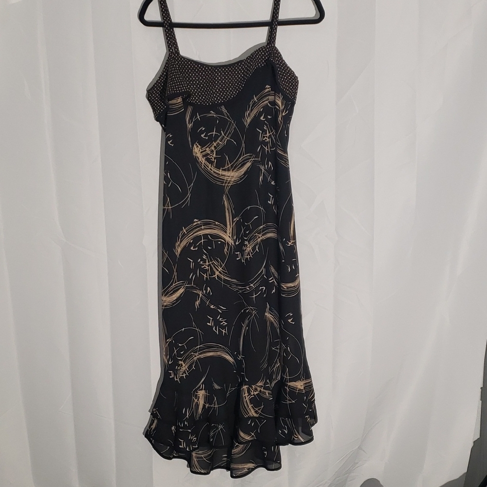Vintage AGB Byer Black Gold Women's Dress Straps Flowy Lined 14 Midi Whimsy Goth